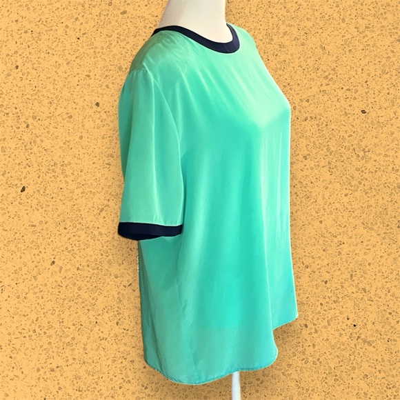 VTG 90s Turquoise and Navy Button Neck Closure Polyester Top | S - Picture 2 of 7